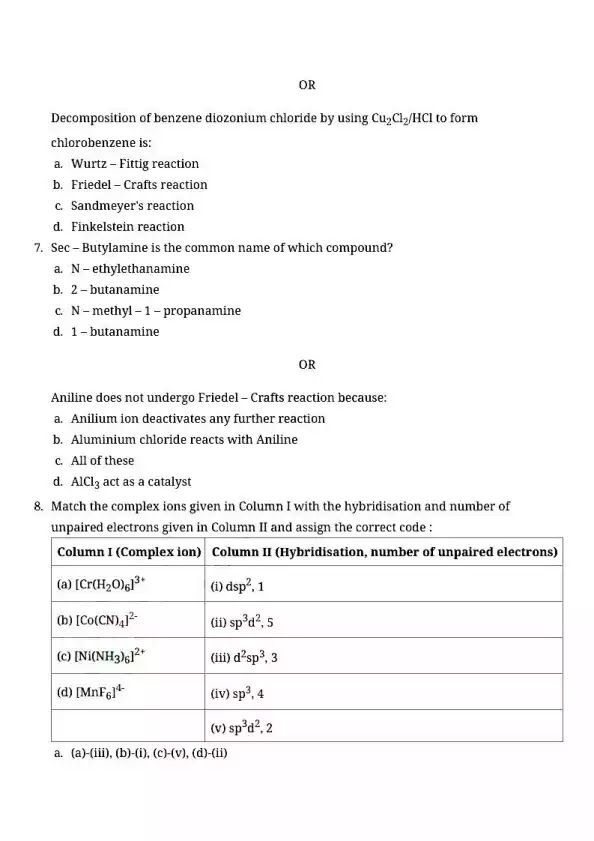 Chemistry class 12 question paper with answer 2021 
