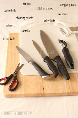 essential kitchen tools - knives, peeler, scraper, scissor, kitchen shears, chopping board, chopping mat