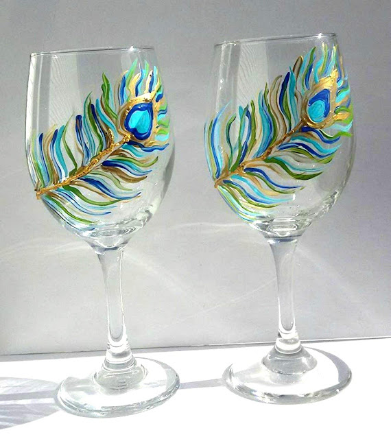 Peacock Feather Hand Painted Wine Glasses
