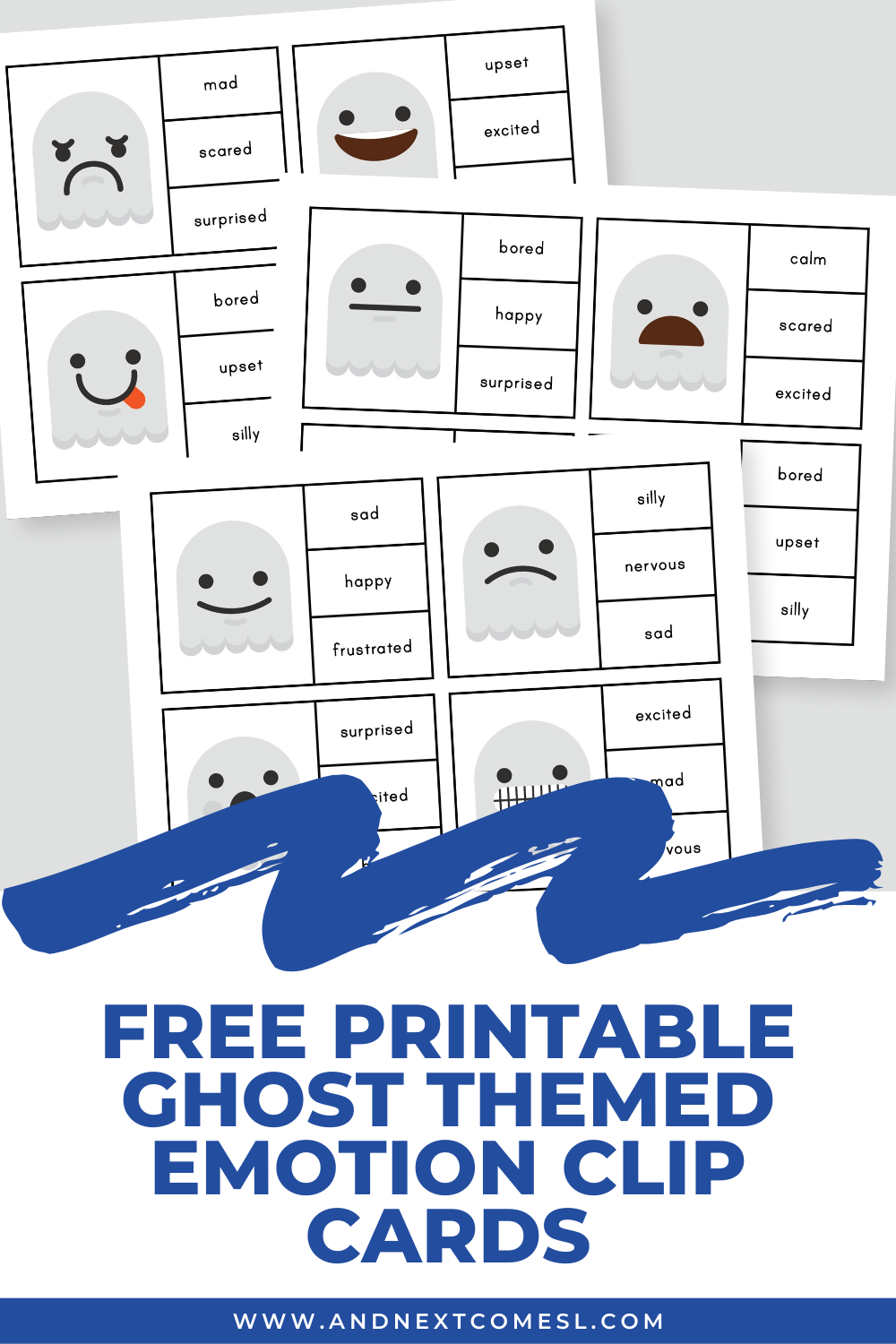 Free printable ghost themed emotion clip cards for kids - a great fine motor and emotions activity for Halloween!