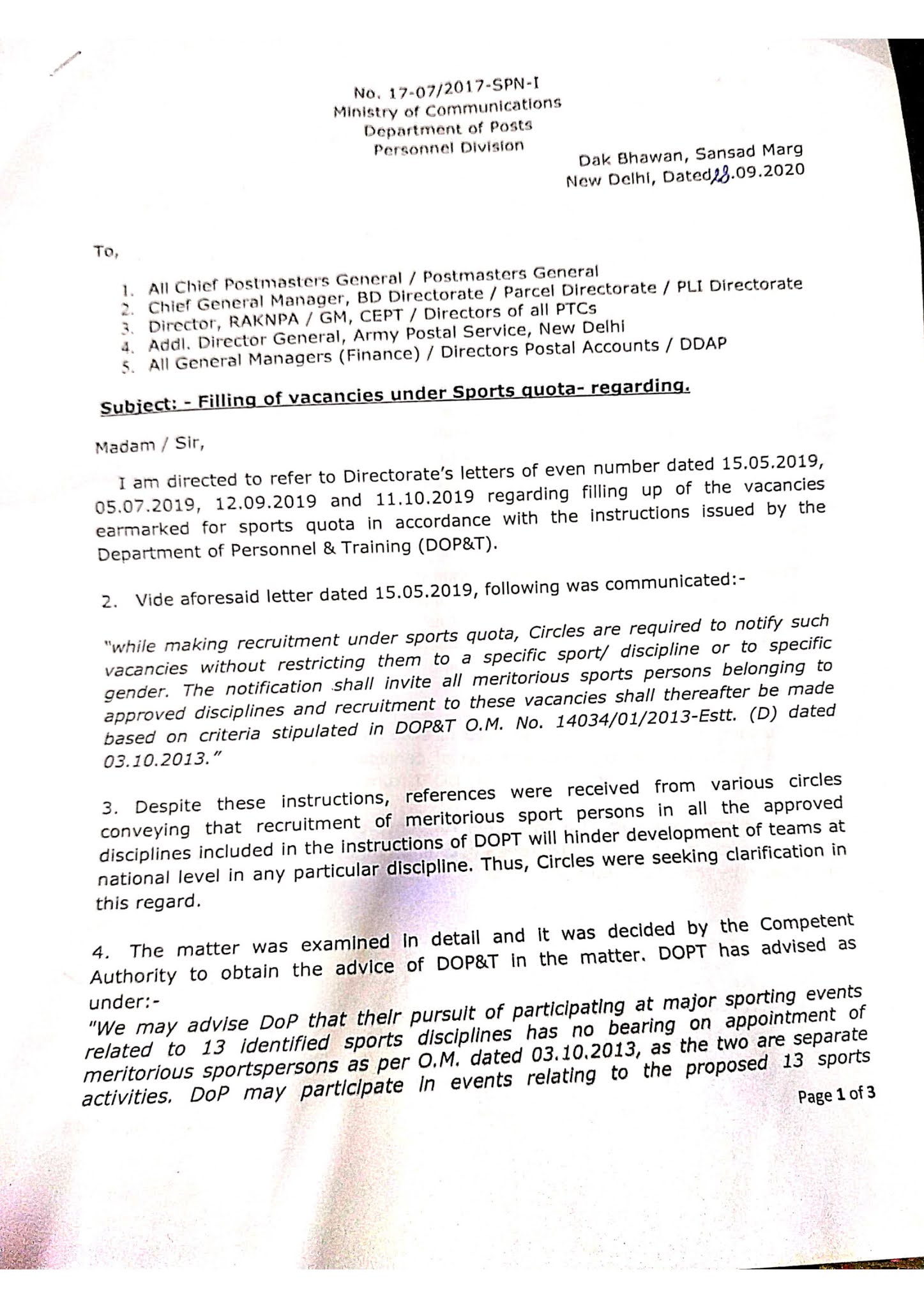 Filling of vacancy under Sports Quota