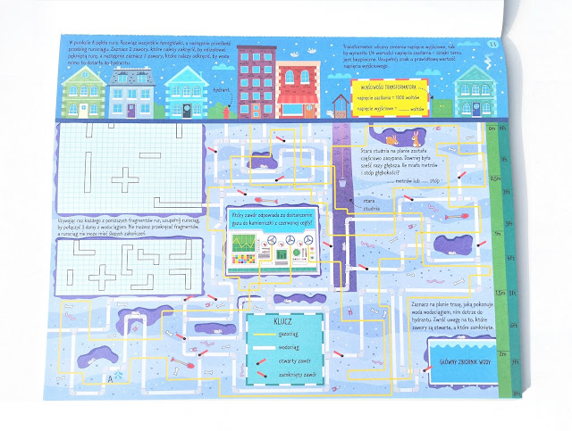 zagadki logiczne dla dzieci, na zdjęciu strona przedstawiająca plątaninę podziemnych rur i zadania z tym związane