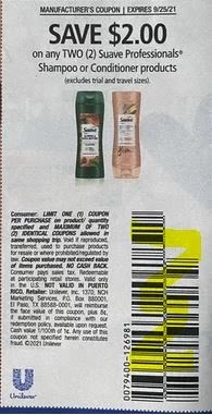 $2.00/2-Suave Professionals Shampoo Or Conditioner Products Coupon from "SAVE" insert week of 9/12/21. $2.00/2-Suave Professionals Shampoo Or Conditioner Products Coupon from "SAVE" insert week of 9/12/21.