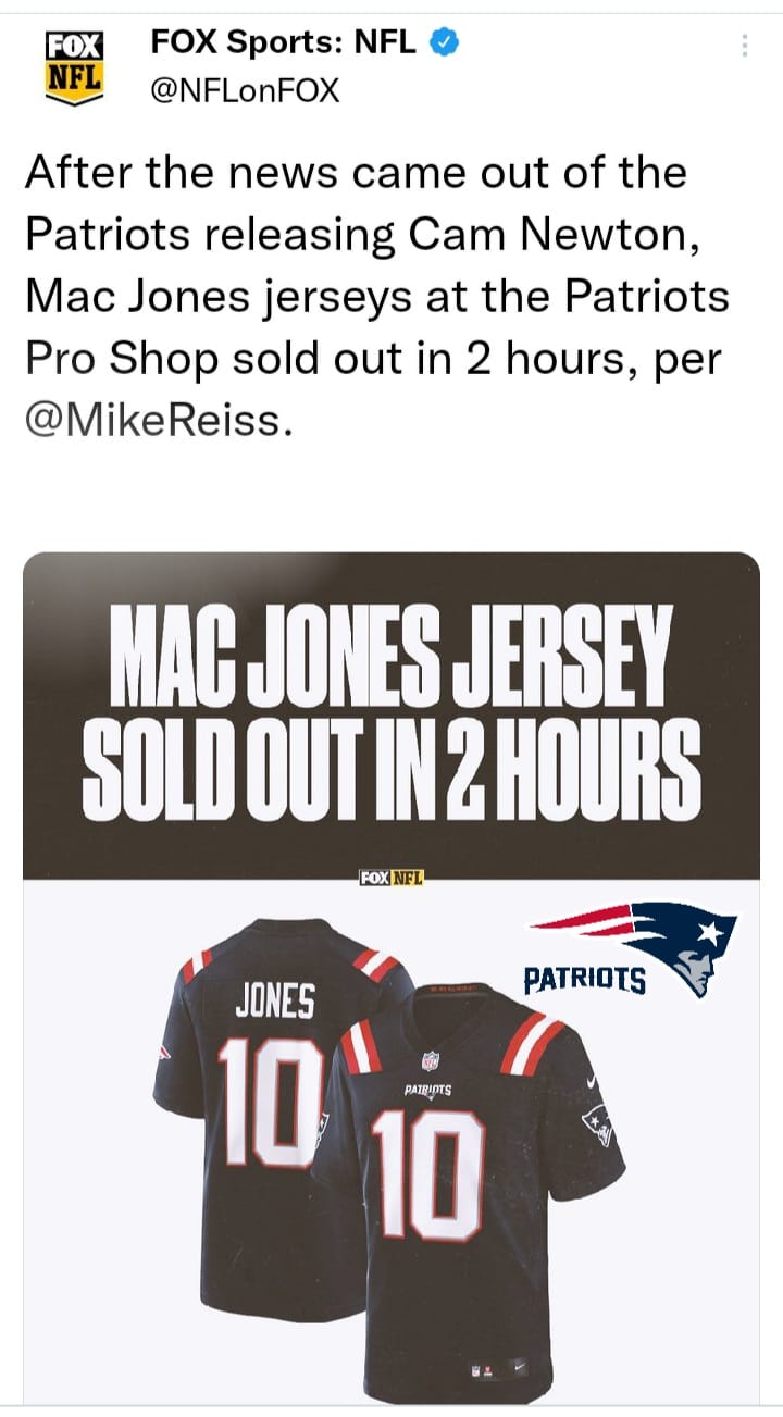 Mac Jones Jersey sold out in 2 hours