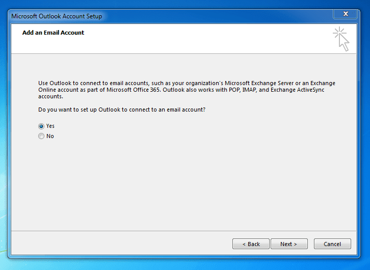 Microsoft Outlook is asking for email account set up