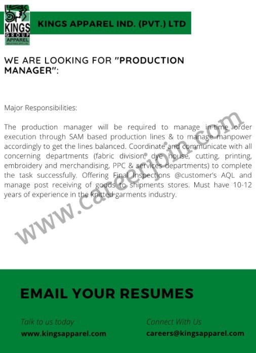 Kings Apparel Industries Pvt Ltd Jobs Productions Manager