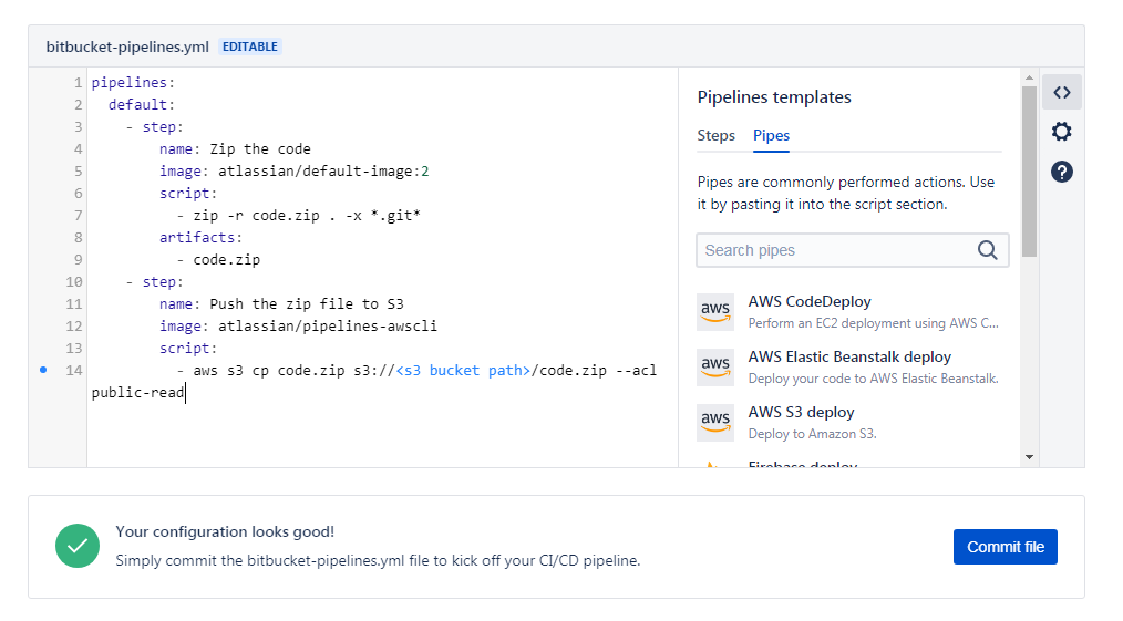 Bitbucket Pipeline to zip the source code and upload to S3 bucket