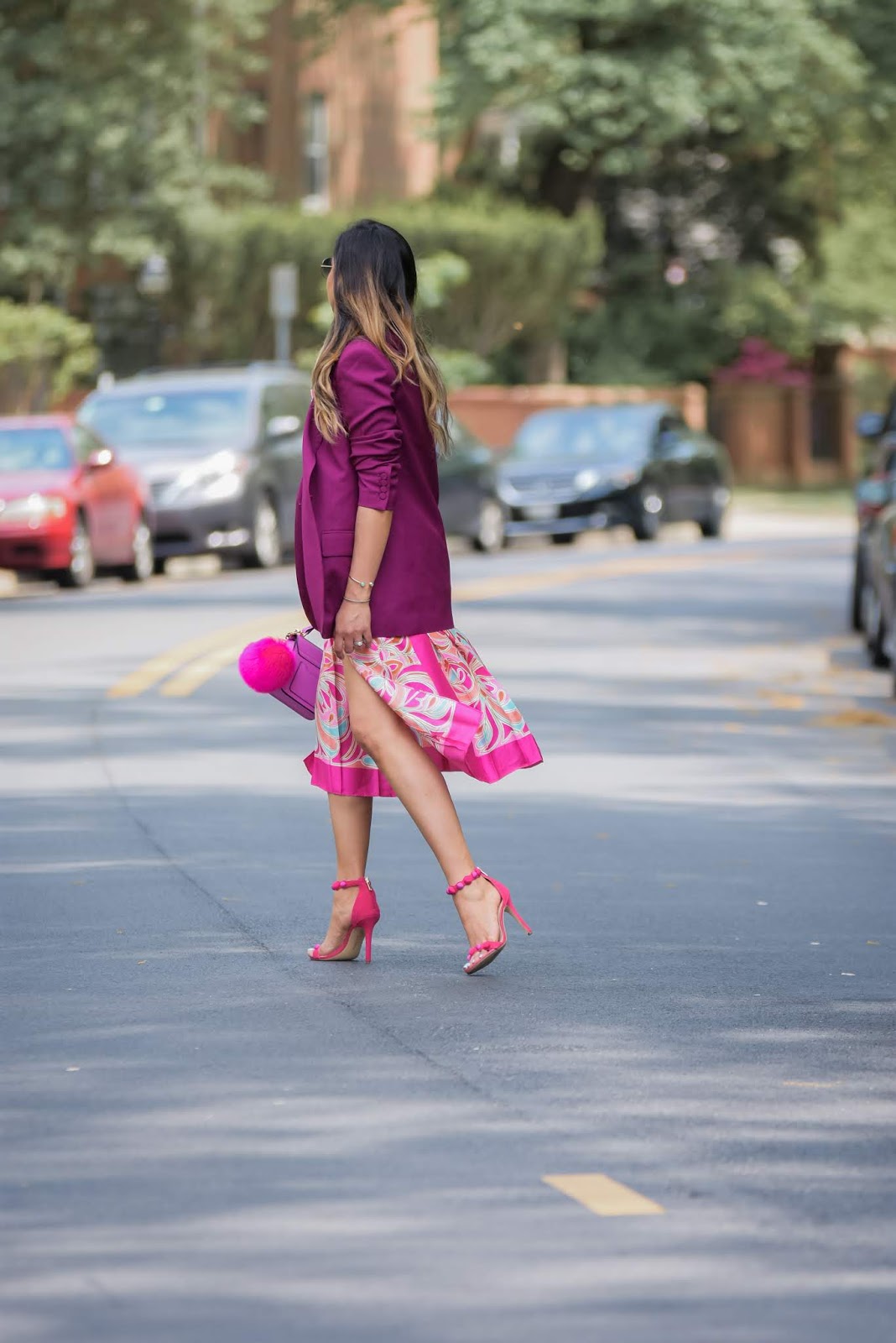 how to wear monochromatic pink, printed seperates zara outfit, pink sam edelman sandals, strappy heels, street style, pink blazer look.,office workwesr, brights, ray ban sunglasses, slit skirt, aldo pink pom pom boag, purple, myriad musings how to wear monochromatic pink, printed seperates zara outfit, pink sam edelman sandals, strappy heels, street style, pink blazer look.,office workwesr, brights, ray ban sunglasses, slit skirt, aldo pink pom pom boag, purple, myriad musings