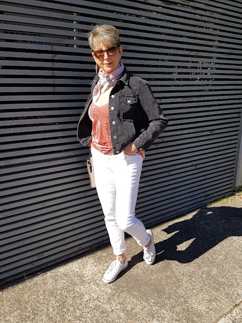 Velvet top|white denim jeans|black denim jacket\vintage silk scarf