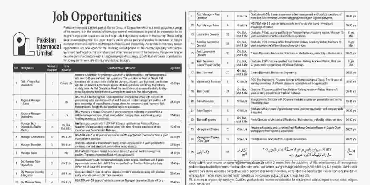 Latest Pakistan Intermodal Limited PIL Management Posts Karachi 2020