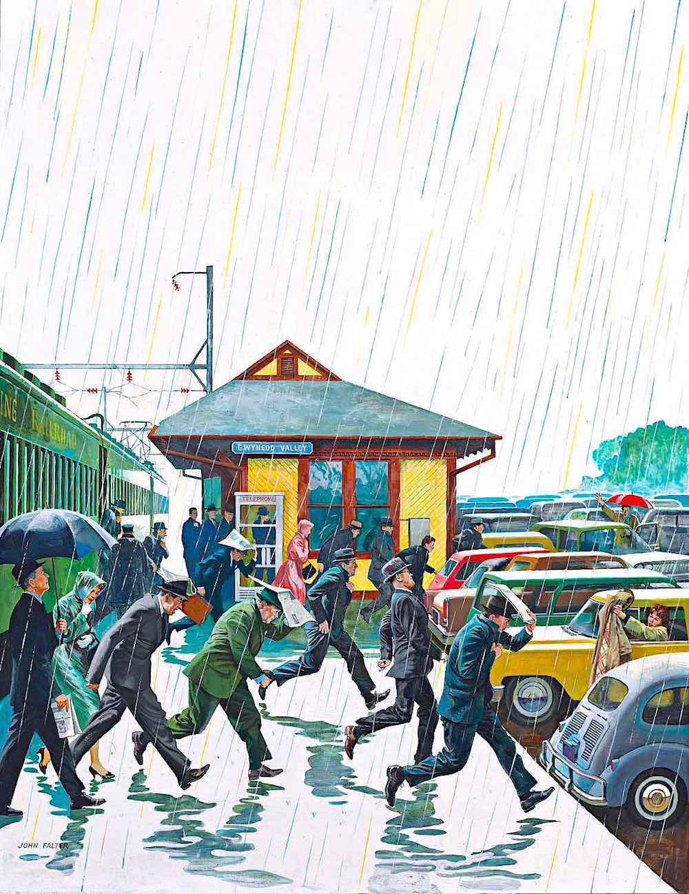 John Falter illustration a John Falter illustration of commuters running from train to cars in the rain
