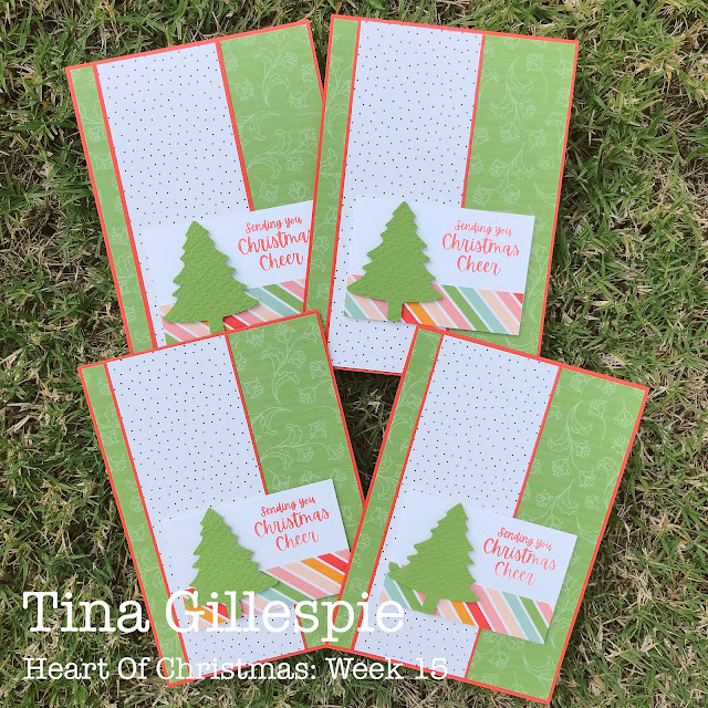 scissorspapercard, Stampin' Up!, Heart Of Christmas, Words Of Cheer, Pattern Party DSP, Pine Tree Punch, Tasteful textile 3DEF, Sheetload Of Cards, Christmas Card