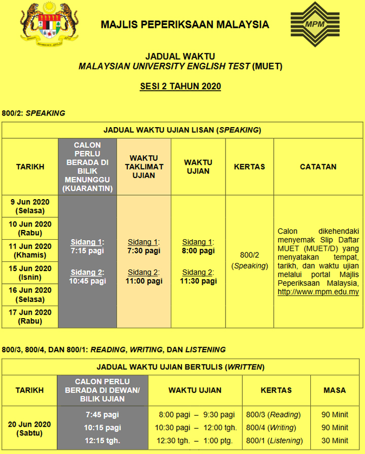 Jadual muet sesi 2 2021