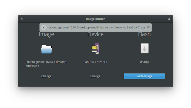 Imagem Burner - Imagem gravada Imagem Burner - Imagem gravada (ubuntu-gnome-16.04.3-desktop-amd64.iso escrita para SanDisk Cruzer Fit)