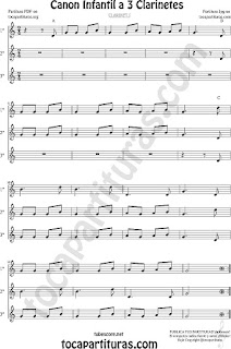  Clarinete Partitura de Canon Infantil a tres voces Sheet Music for Clarinet Music Score
