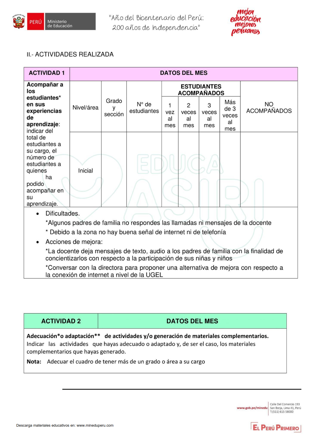 Modelo informe de actividades y reporte de trabajo remoto mes de marzo 2021  | Aprendo en casa| Ministerio de Educación ~ Ministerio de Educación del  Perú