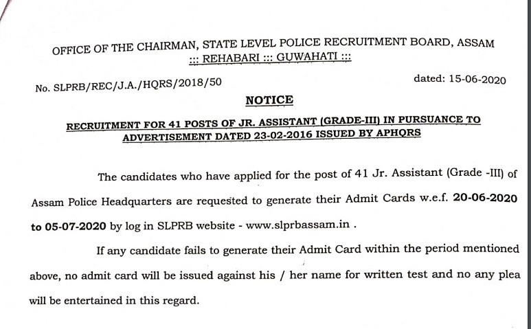 Assam Police Junior Assistant Admit Card 2020