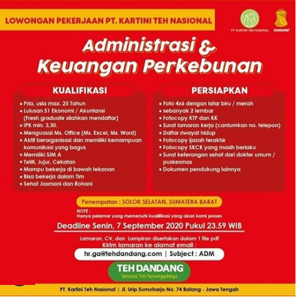 Lowongan Kerja Perkebunan PT Kartini Teh Nasional September 2020
