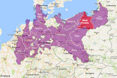 Rough overlay of Prussia (purple) on today's map, highlighting West Prussia in red.