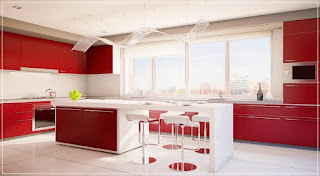 rødt og hvitt kjøkken øy