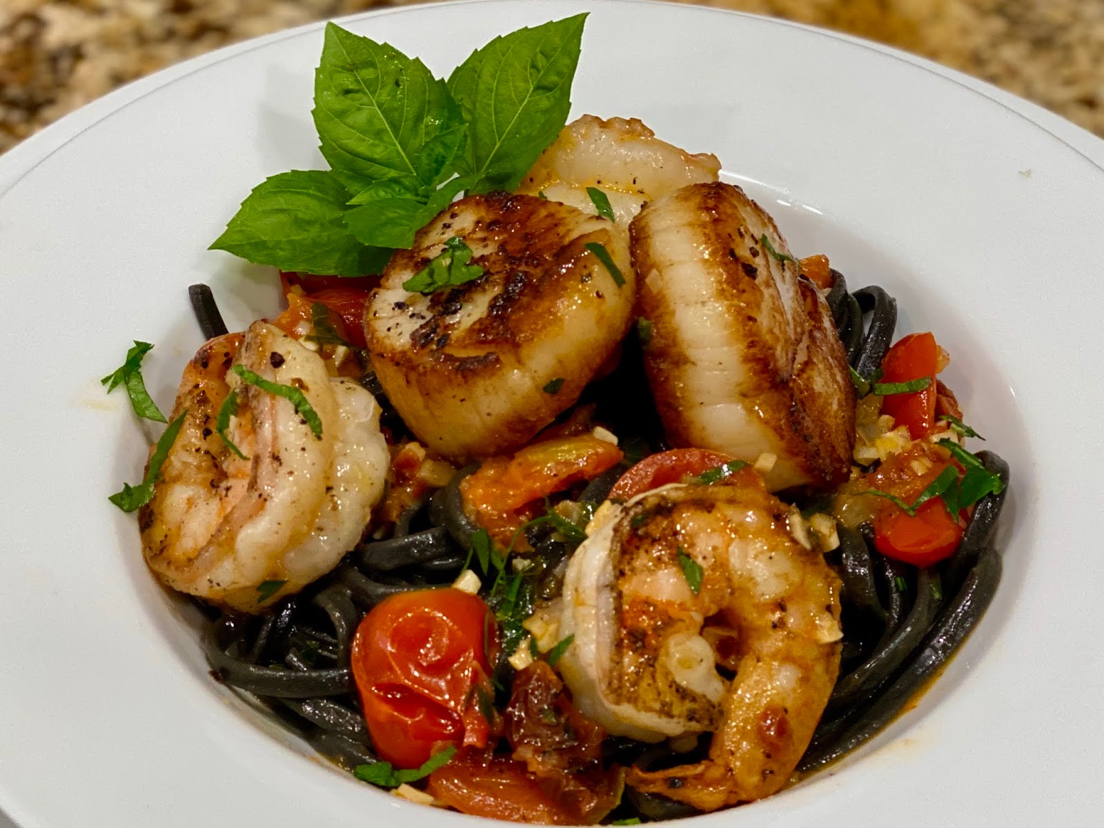 GREAT EATS HAWAII: SQUID INK LINGUINE WITH SCALLOPS, SHRIMP, TOMATOES