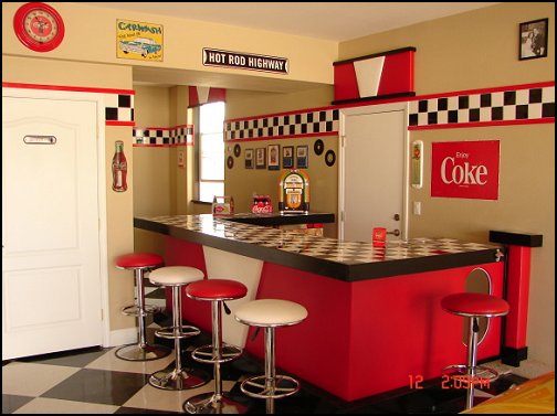 50s bedroom ideas - 50s theme decor - 1950s retro decorating style - 50s diner - 50s party decorations - 1950 bedding - 50s telephone - retro diner furniture - vintage advertising wall decals - Cadillac Wall Shelf - Elvis Presley - booth dinette decor - Rock and Roll