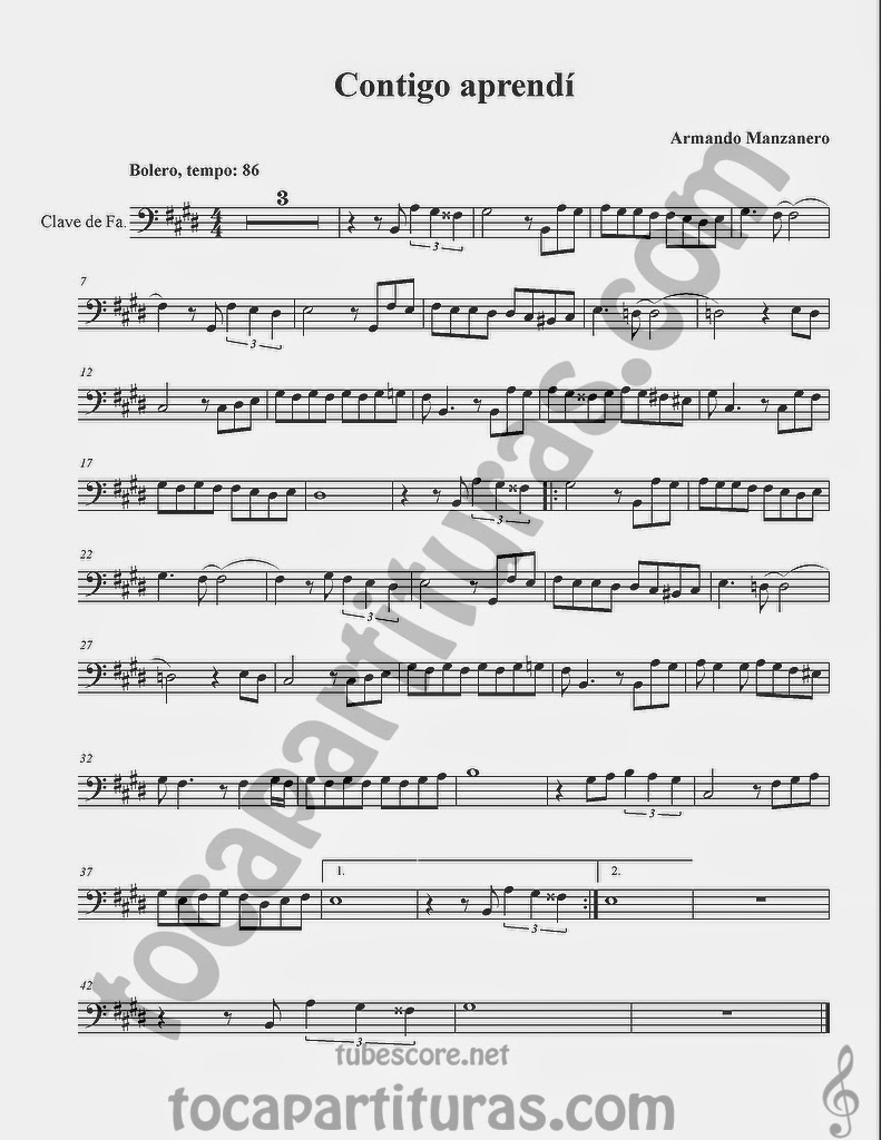 Contigo Aprendí Partituras en Clave de  Fa en 4º Línea para Trombón, Chelo, Fagot, Bombaridno, Tuba y otros instrumentos Partitura Sheet Music in Bass Clef for Trombone, Chelo, Bassoon, Tube, Euphonium...