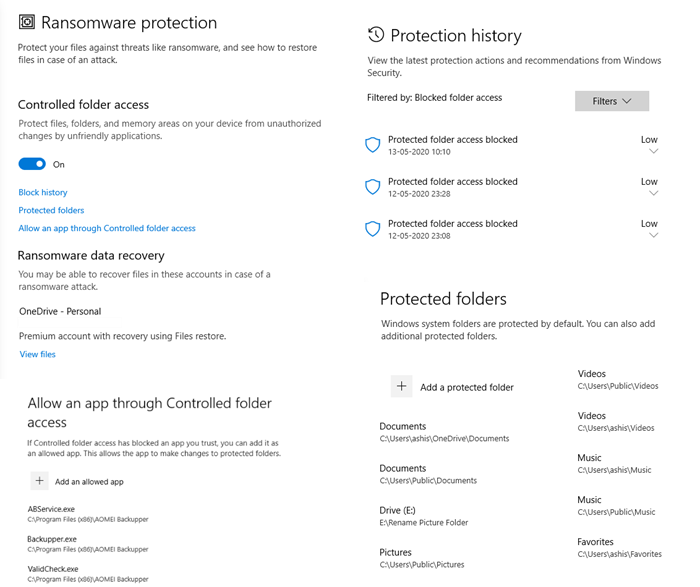 Windows 10의 Windows 보안 설정