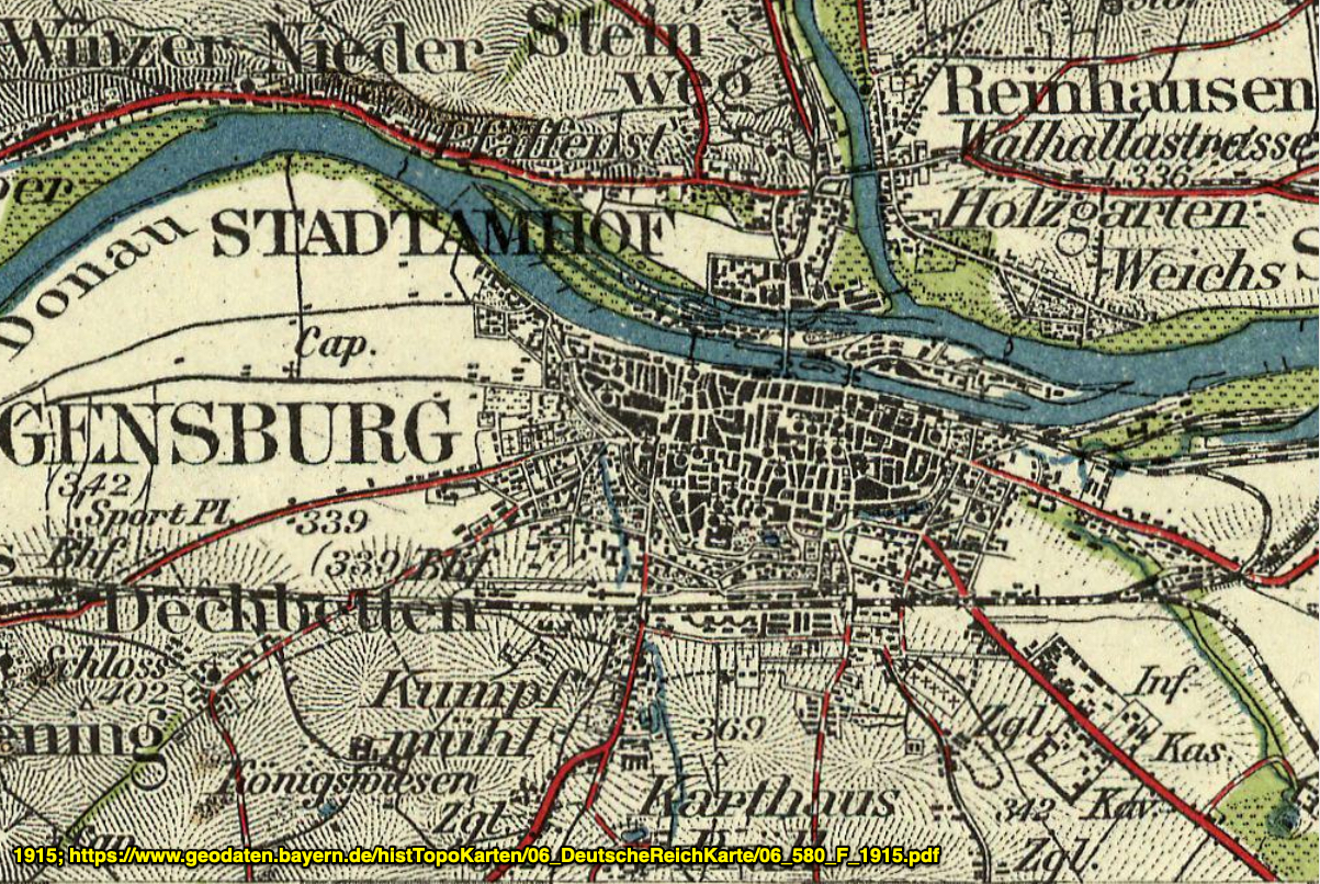 Regensburg historisch: 1915 - Plan von Regensburg in topographischer Karte Regensburg historisch: 1915 - Plan von Regensburg in topographischer Karte