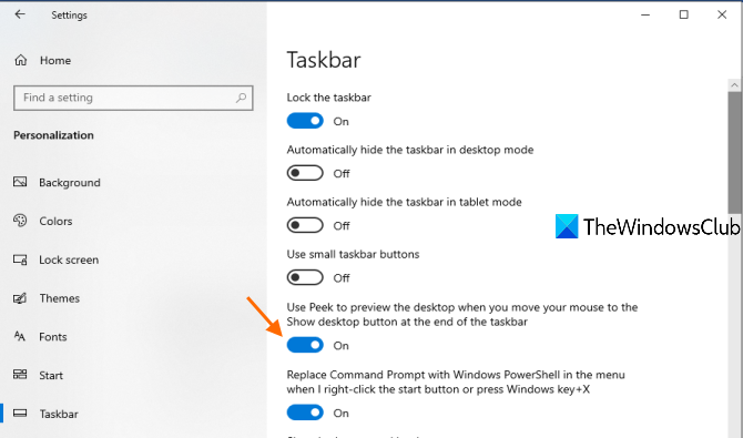 タスクバー設定でデスクトップオプションをプレビューするには、ピークをオンにします