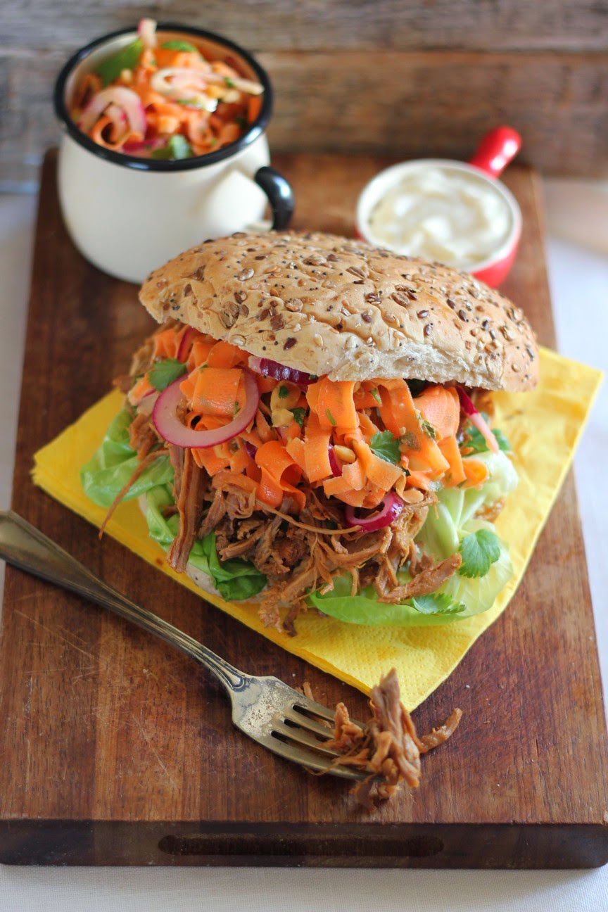 Organic Pulled Pork Burgers with a Nutty Carrot & Red Onion Salad