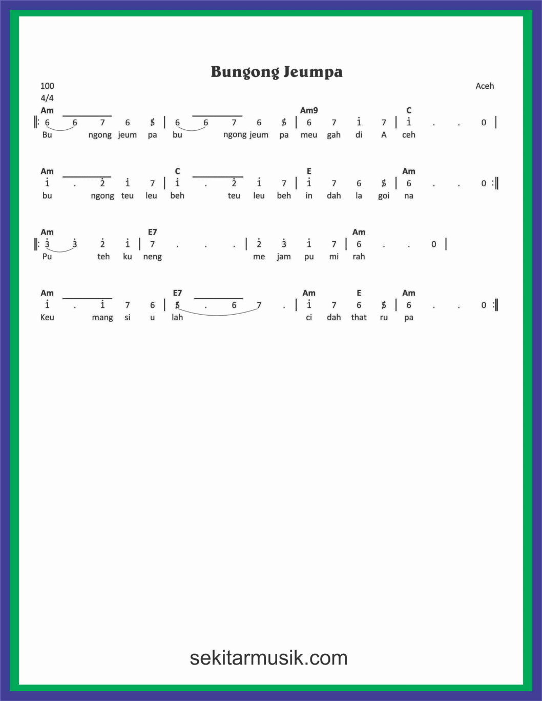 Not Angka Lagu Bungong Jeumpa Sekitar Musik