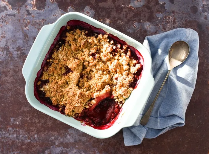 Scottish Blackberry & Pear Crumble in a square ovenproof dish