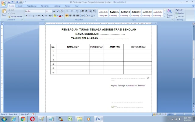 Contoh Format Pembagian Tugas Tenaga Administrasi Sekolah