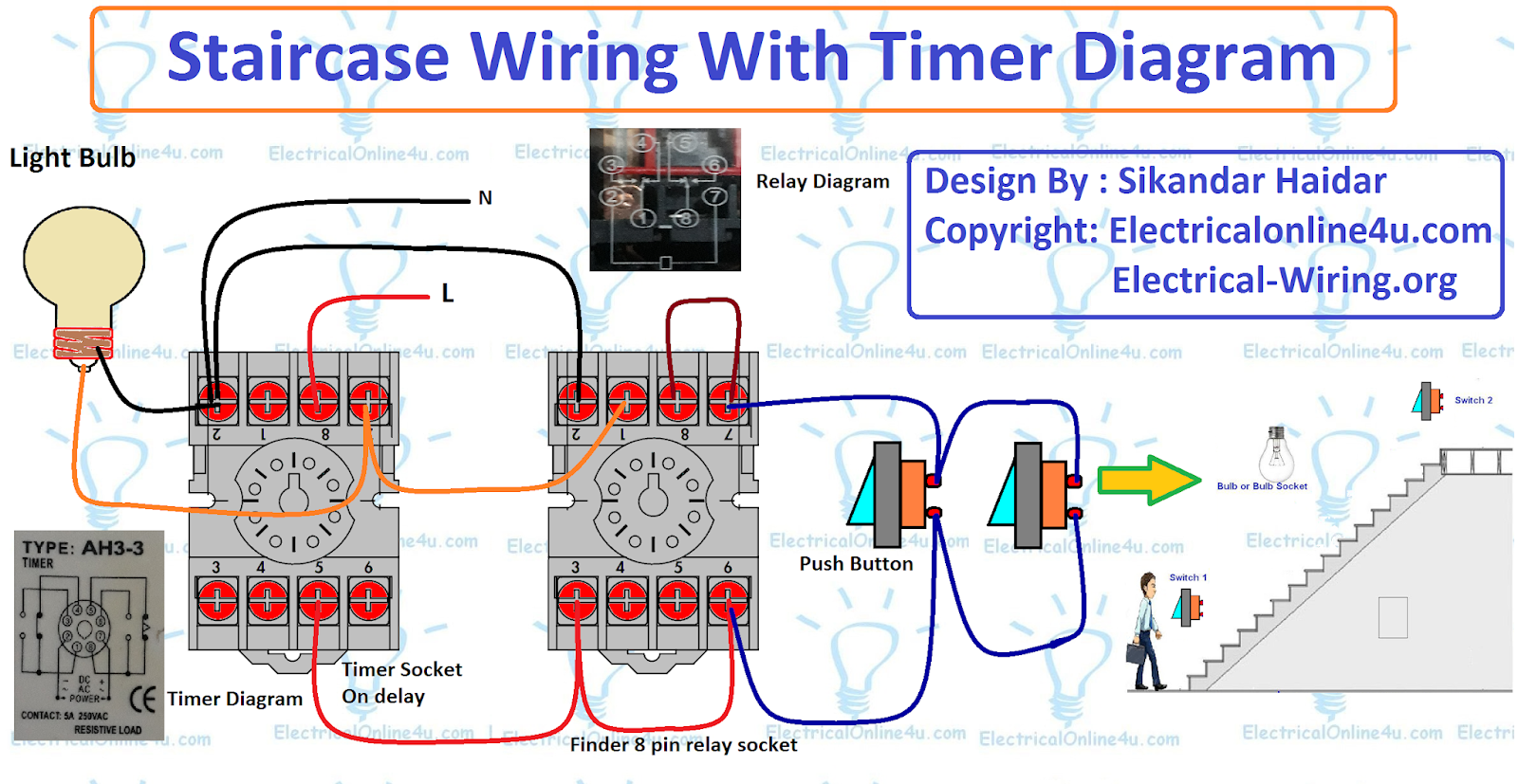 Staircase Timer Wiring Diagram - Using On Delay Timer And Relay