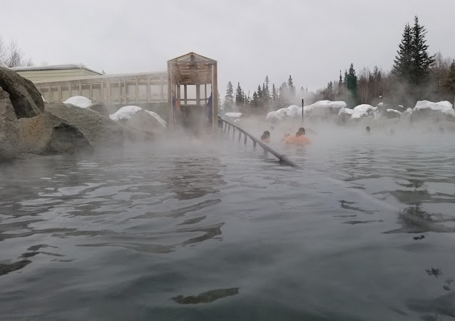 View of the entrance to outdoor rock pool at Chena Hot Springs Resort