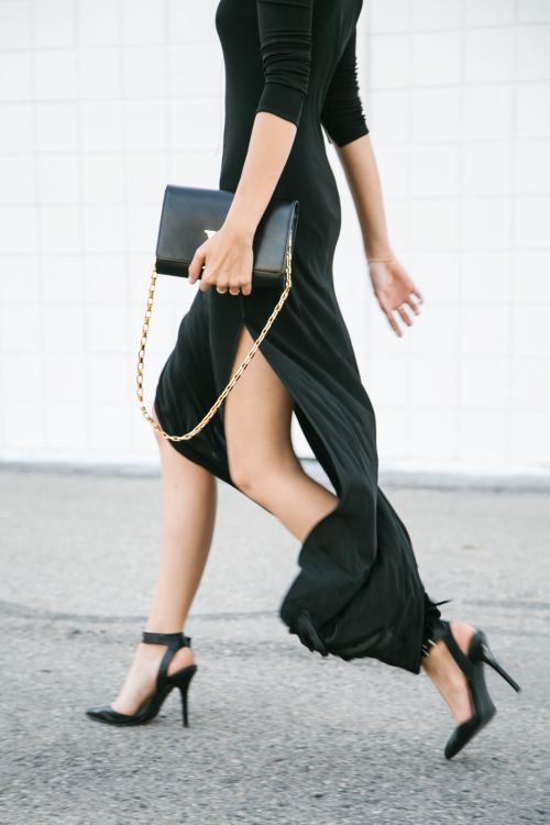 Street fashion long slit black dress | Just a Pretty Style