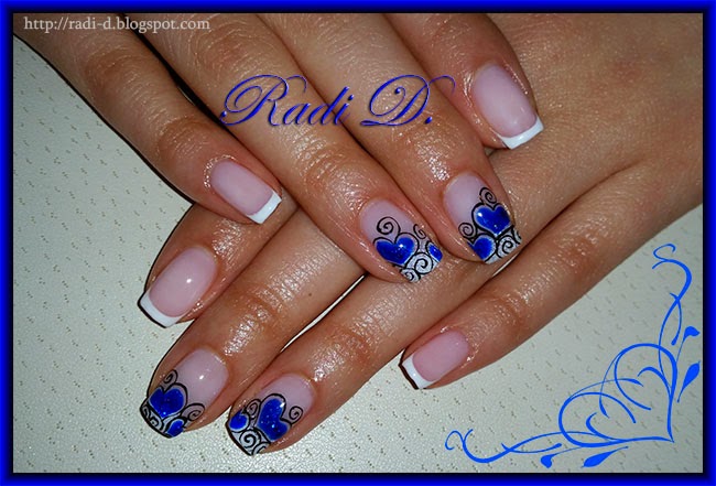 It`s all about nails: French with blue hearts and swirls