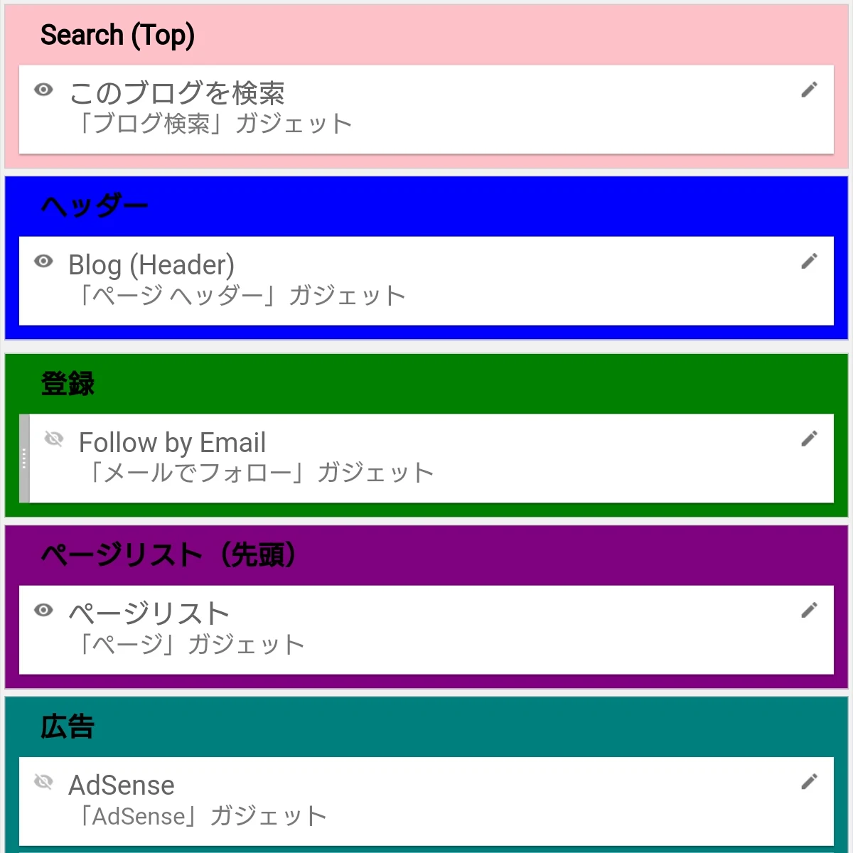 ガジェットに様々な背景色が付けられたBloggerの管理画面の縦一列のレイアウト