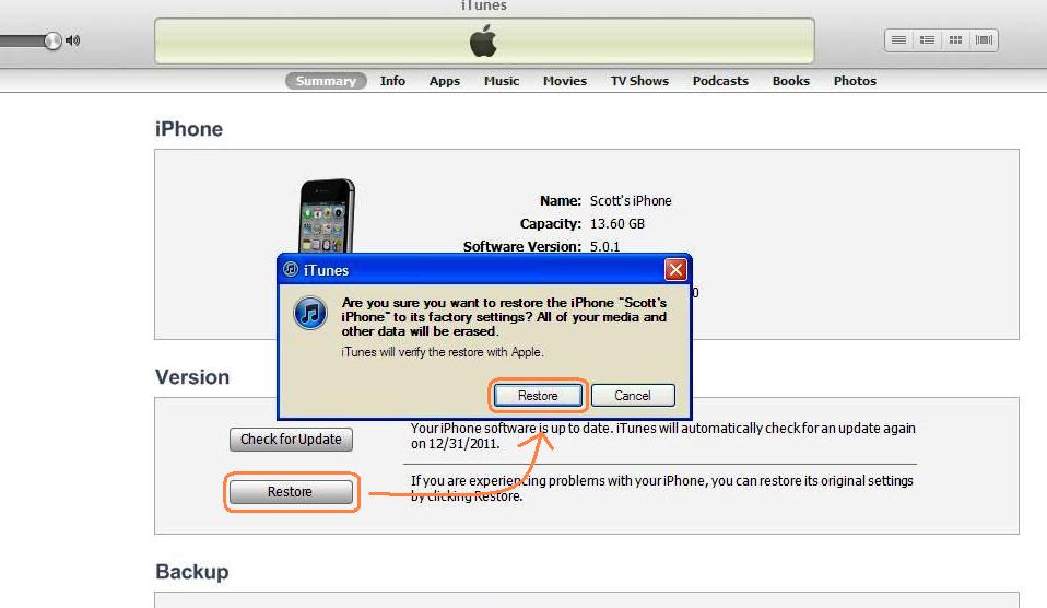 Click Restore Factory Settings in iTunes to start downloading and ...