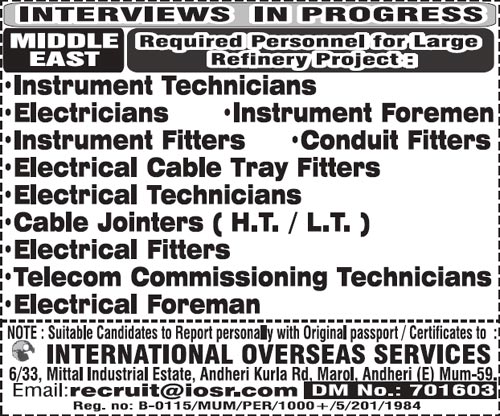 Electrical and Instrumentation Jobs in Refinery Project : International Overseas Services