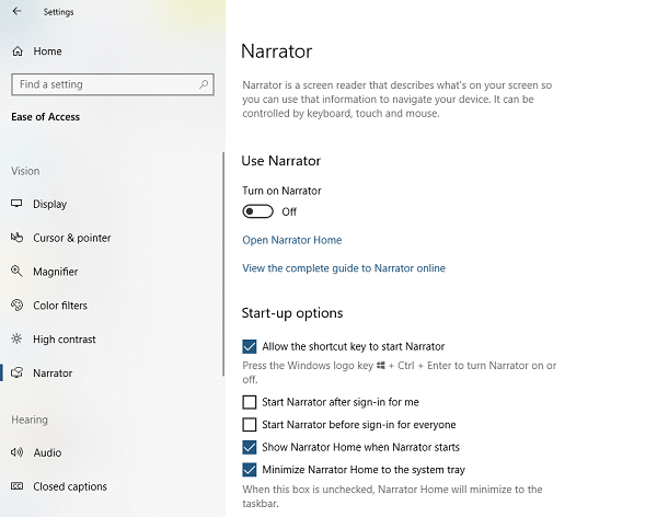 Opción de inicio de la configuración del Narrador