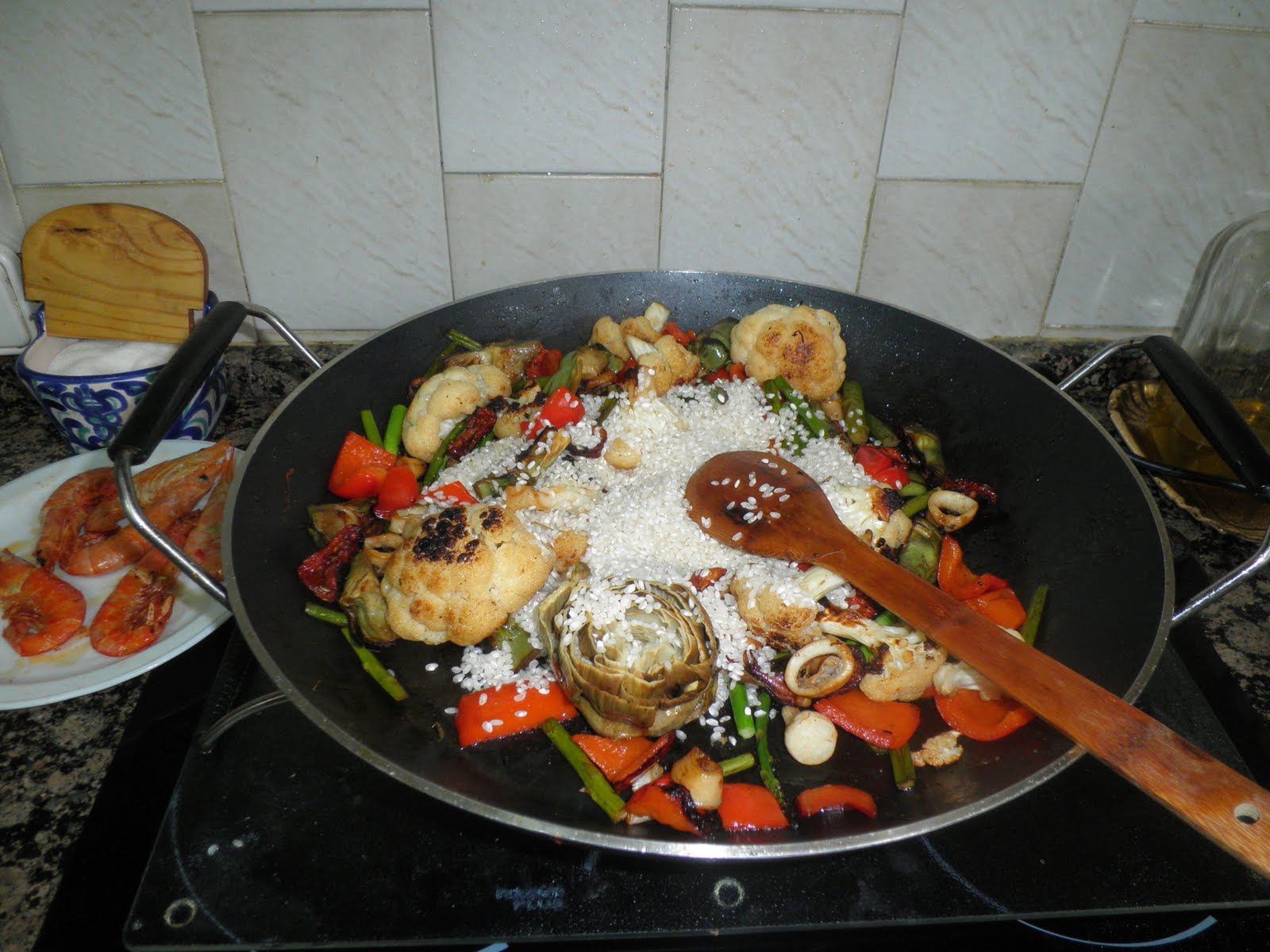 la cocina de una madre Paella de Verduras con Langostinos ,Gambas, y