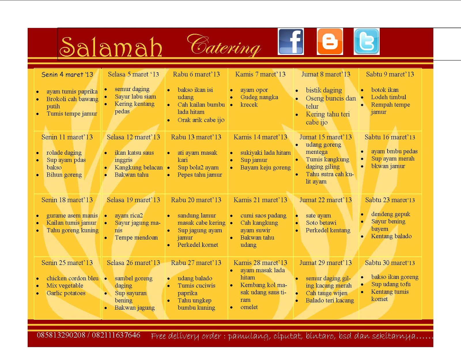 CATERING HARIAN PAMULANG menu catering bulan maret 2013