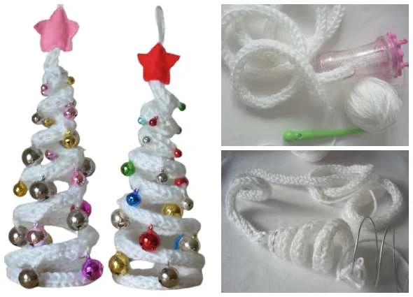 árbol tejido con tricotín, arboles de Navidad tejidos, patrones crochet