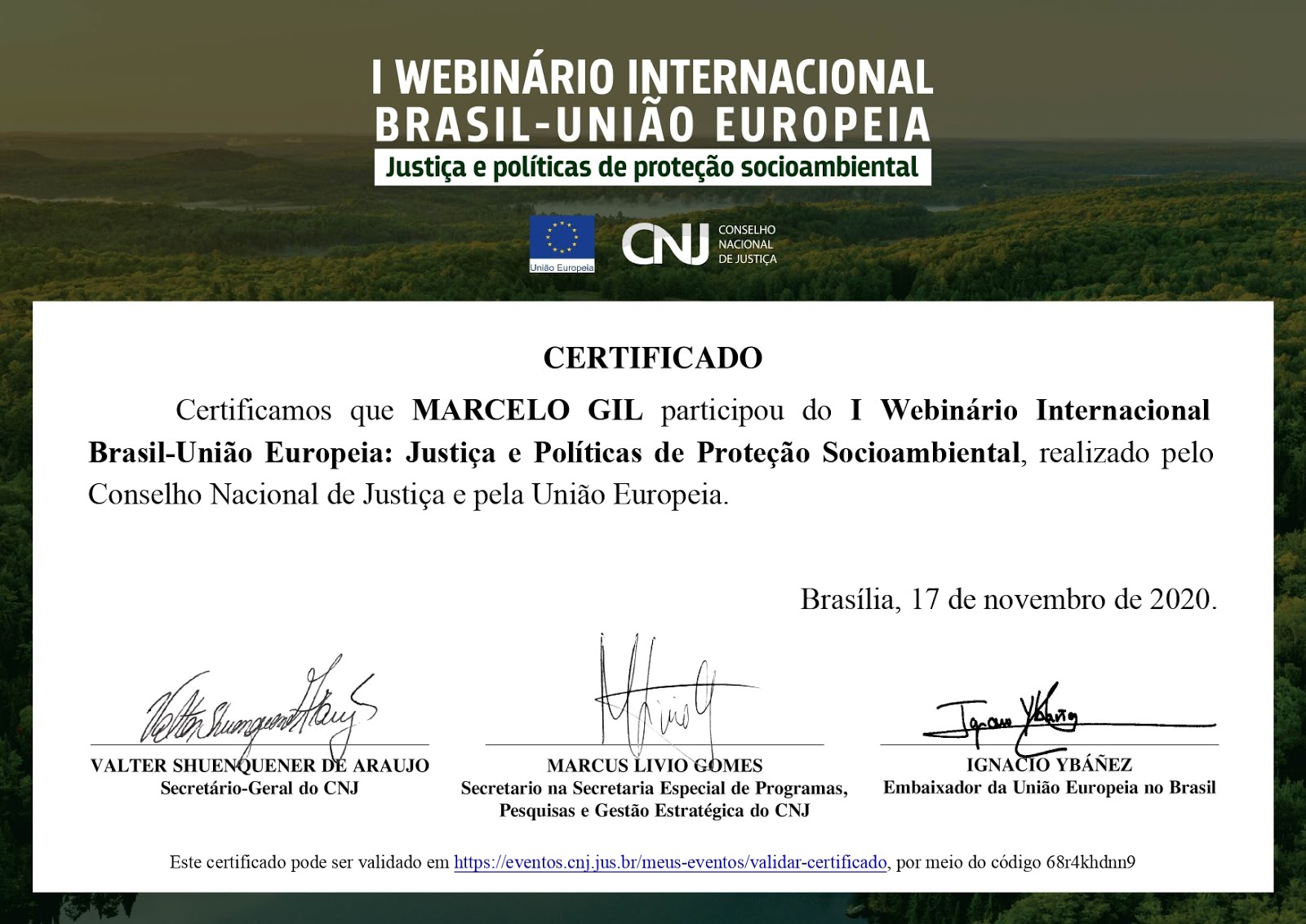 CERTIFICADO CONCEDIDO À MARCELO GIL PELO CONSELHO NACIONAL DE JUSTIÇA / 2020