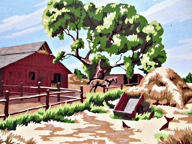 paint by number painting of a barn with a horse