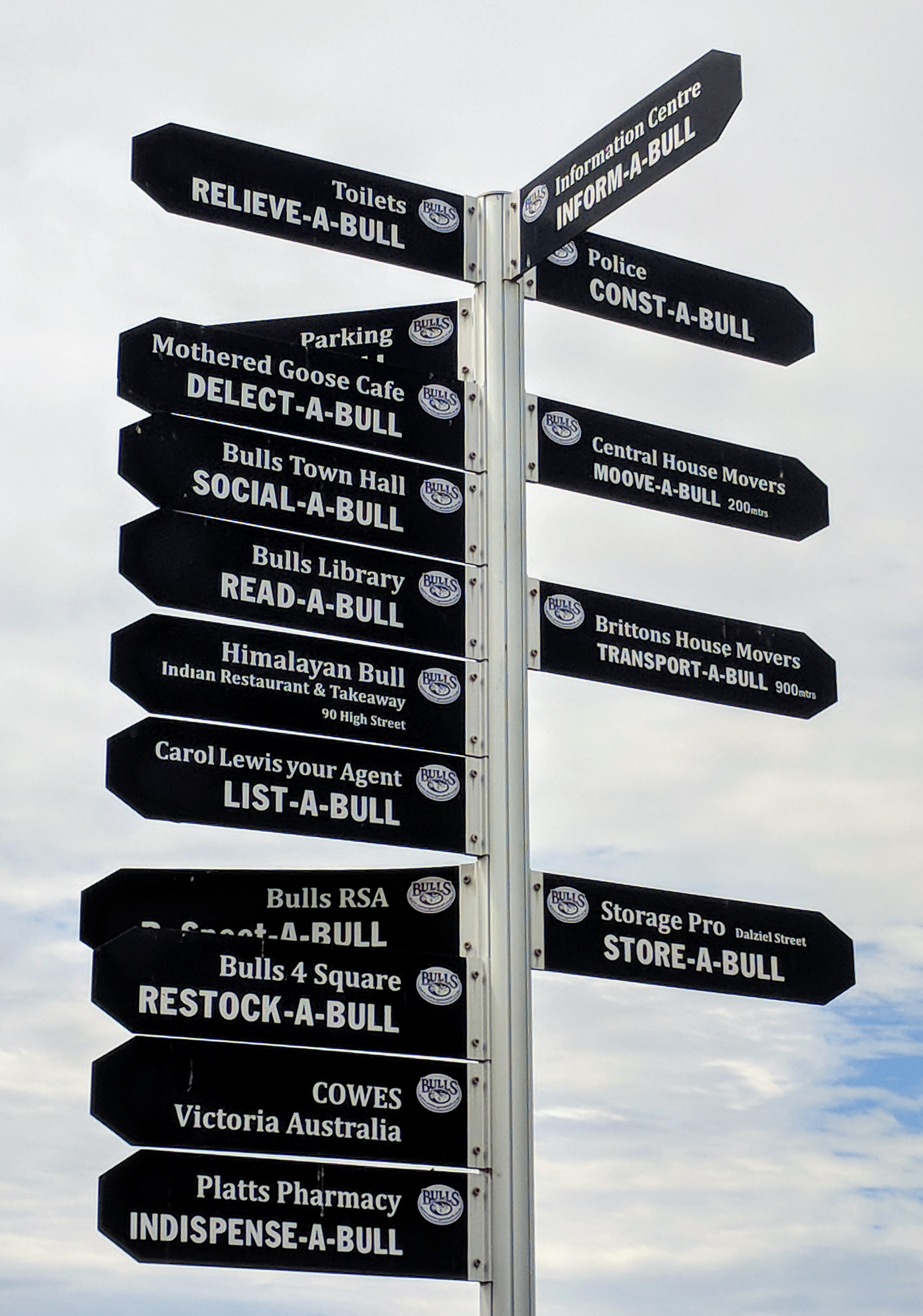Bulls in New Zealand and their humourous labelling, a sign post