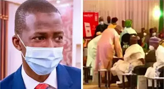 Watch how EFCC Chairman staggered off stage while speaking at an event in Aso Rock (video)