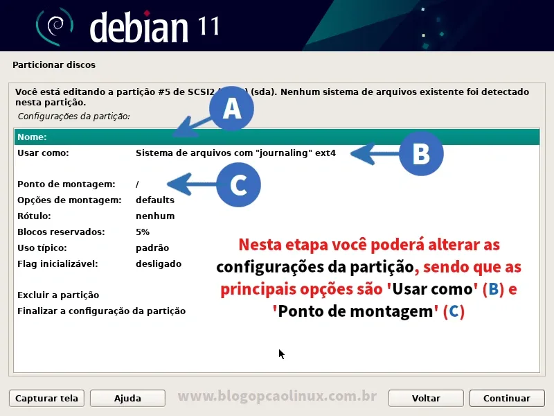 Tela exibindo as configurações da partição criada